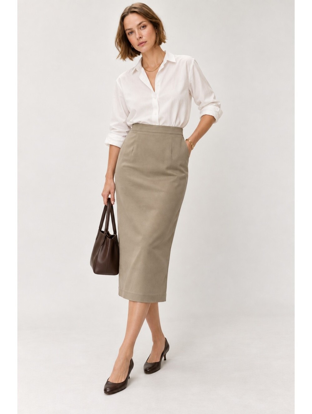 Ann Taylor Stretch Pencil Midi Skirt Khaki Beige Cotton Blend Minimalist Size 2P